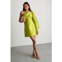 Warehouse Women's One Shoulder Puff Sleeve Mini Dress in Chartreuse | Size: 10