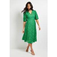 Wallis Women's Lace Puff Sleeve Midi Dress in Green | Size: 14