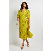 Wallis Women's Lace Puff Sleeve Midi Dress in Chartreuse | Size: 12