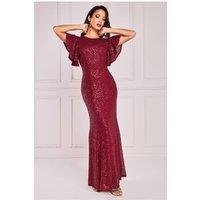 Goddiva Women's Sequin Flutter Sleeve Maxi in Wine | Size: 8