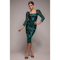 Goddiva Women's Square Neck Scalloped Lace Midi Dress in Emerald | Size: 12