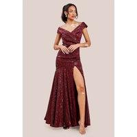 Goddiva Women's Bardot Sequin Pleated Maxi Dress in Wine | Size: 10
