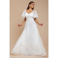 Goddiva Women's Lace Flutter Sleeve Embroidered Mesh A Line Maxi Dress in White | Size: 18