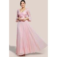 Goddiva Women's Scalloped Lace Bodice Pleated Chiffon A Line Maxi Dress in Light Pink | Size: 18