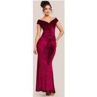 Goddiva Women's Shimmer Velvet Bardot Maxi Dress in Wine | Size: 18