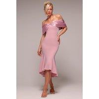 Goddiva Women's Twist Knot Satin & Scuba Bardot High Low Midi Dress in Light Pink | Size: 14