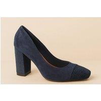 Spot On Women's Block Heel Faux Suede Court Shoes with Embellished Toecap in Navy | Size: 6