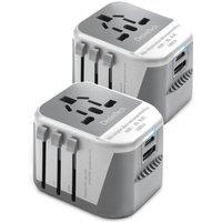 Desiretech 2 Pack Travel Adaptor 4-in-1 Universal Plug Adapter with USB-A, USB-C in Grey