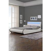 SlumberWorx Orion LED Lights Headboard Gaming Style Faux Leather Bed Frame w 15cm Comfort Foam Mattress in White | Size: Single