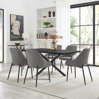 FurnitureboxUK Leonardo Black Top Dining Table & 6 Beaumont Fabric Chairs in Grey