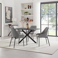 FurnitureboxUK Leonardo Black Top Dining Table & 4 Beaumont Grey Fabric Chairs