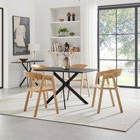 FurnitureboxUK Leonardo Black Top Dining Table & 4 Oak Masa Chairs