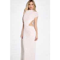 MissPap Women's Gathered Mesh Cut Out High Neck Maxi Dress in Nude | Size: 8