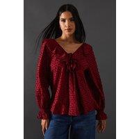 Warehouse Women's Tufted Dobby Ruffle Neck Tie Front Blouse in Dark Red | Size: 8