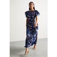 Warehouse Women's Petite Printed Side Split Ruffle Detail Maxi Dress in Blue | Size: 16