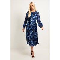 Wallis Women's Petite Floral Pleated Midi Dress in Navy | Size: 12