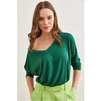 HOXTON GAL Women's Regular Fit Casual V-Neck Blouse with Stitch Detail in Green | Size: XL