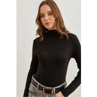 HOXTON GAL Women's Slim Fit High-Neck Draped Soft Touch Blouse in Black | Size: Medium