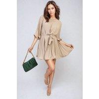 IKRUSH Women's Carmen Pleated Tie Waist Mini Dress in Beige | Size: S/M