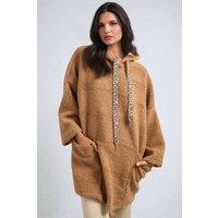 IKRUSH Women's Melissa Drawstring Teddie Hoodie Jacket With Front Pockets in Camel