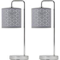 First Choice Lighting Set of 2 Chrome Arched Table Lamps with Grey Laser Cut Shades in Silver