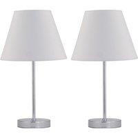 First Choice Lighting Set of 2 Chrome Stick Table Lamps with Ivory Off-White Fabric Shades in Silver