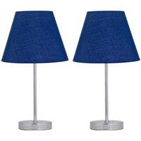 First Choice Lighting Set of 2 Chrome Stick Table Lamps with Navy Blue Fabric Shades in Silver