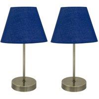 First Choice Lighting Set of 2 Antique Brass Stick Table Lamps with Navy Blue Fabric Shades in Bronze