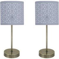 First Choice Lighting Set of 2 Antique Brass Stick Table Lamps with Grey Laser Cut Shades in Bronze