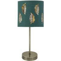 First Choice Lighting Antique Brass Stick Table Lamp with Dark Green Fern Cut Out Shade in Bronze