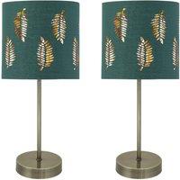 First Choice Lighting Set of 2 Antique Brass Stick Table Lamps with Dark Green Fern Shades in Bronze