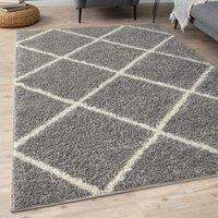 THE RUGS Moroccan Soft High Pile Shaggy Diamond Rugs & Runners Living Room in Grey | Size: 80 cm x 150 cm