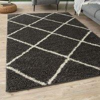 THE RUGS Moroccan Soft High Pile Shaggy Diamond Rugs & Runners Living Room in Dark Grey | Size: 80 cm x 150 cm