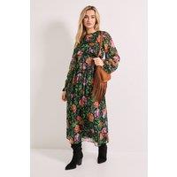 Dorothy Perkins Women's High Neck Frill Detail Printed Chiffon Midi Dress in Black | Size: 18
