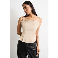 Warehouse Women's Pleated Detail Bandeau Fitted Body Top in Stone | Size: 12