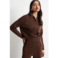 Warehouse Women's Knitted Button Up Collar Detail Jumper in Chocolate | Size: Medium