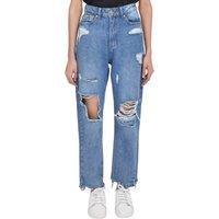 Smart Living Women's Casual Style High-Waisted Torn Hem Rip Mom Jeans in Mid Blue | Size: 14