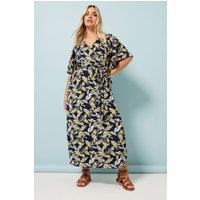 Yours Women's Leaf Print Wrap Midaxi Dress in Dark Navy | Size: 26-28