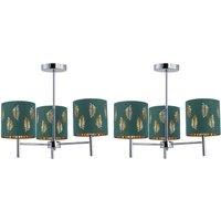 First Choice Lighting Set of 2 Brea - Chrome 3 Light Fittings with Dark Green Fern Shades in Silver