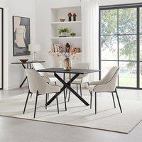 FurnitureboxUK Leonardo Black Top Dining Table & 4 Beaumont Grey Fabric Chairs in Cream
