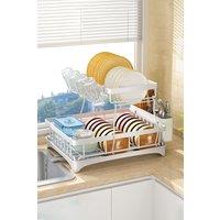 Living and Home 2-Tier Dish Drainer Rack with Kitchen Utensil and Glass Holder in White