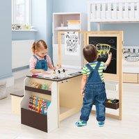 Costway Kids Art Easel & Table & Bench Set Wooden Art Center w/ Blackboard in Brown