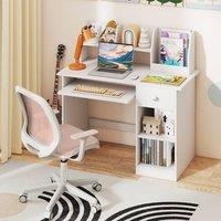 Costway Kids Study Desk Wooden Writing Table with Keyboard Tray & Drawer in White