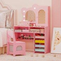 Costway Kids Princess Vanity Table & Chair Set with 5 Drawers & Lights in Pink