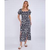 Gini London Women's Navy Puff Sleeves Split Viscose Midi Dress | Size: 12