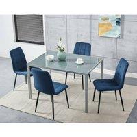 KOSY KOALA Modern Grey Glass Dining Table Set with 4 blue velvet Chairs | Size: 120 cm x 70 cm