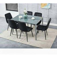 KOSY KOALA Grey Glass Dining Table with 6 Black Velvet Chairs Set | Size: 120 cm x 70 cm