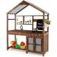 Gymax Outdoor Mud Kitchen Play Kitchen Toy Set With Rotatable Faucet Canopy in Brown