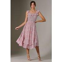 Jolie Moi Women's Ruffle Shirred Woven Midi Dress in Pink | Size: 18