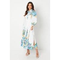 Wallis Women's Floral Western Belted Midi Shirt Dress in Ivory | Size: 14